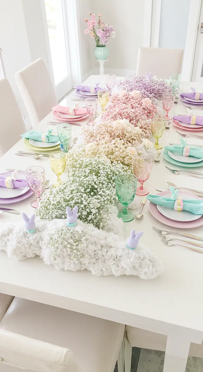 White table with a runner made of rainbow-colored baby's breath.