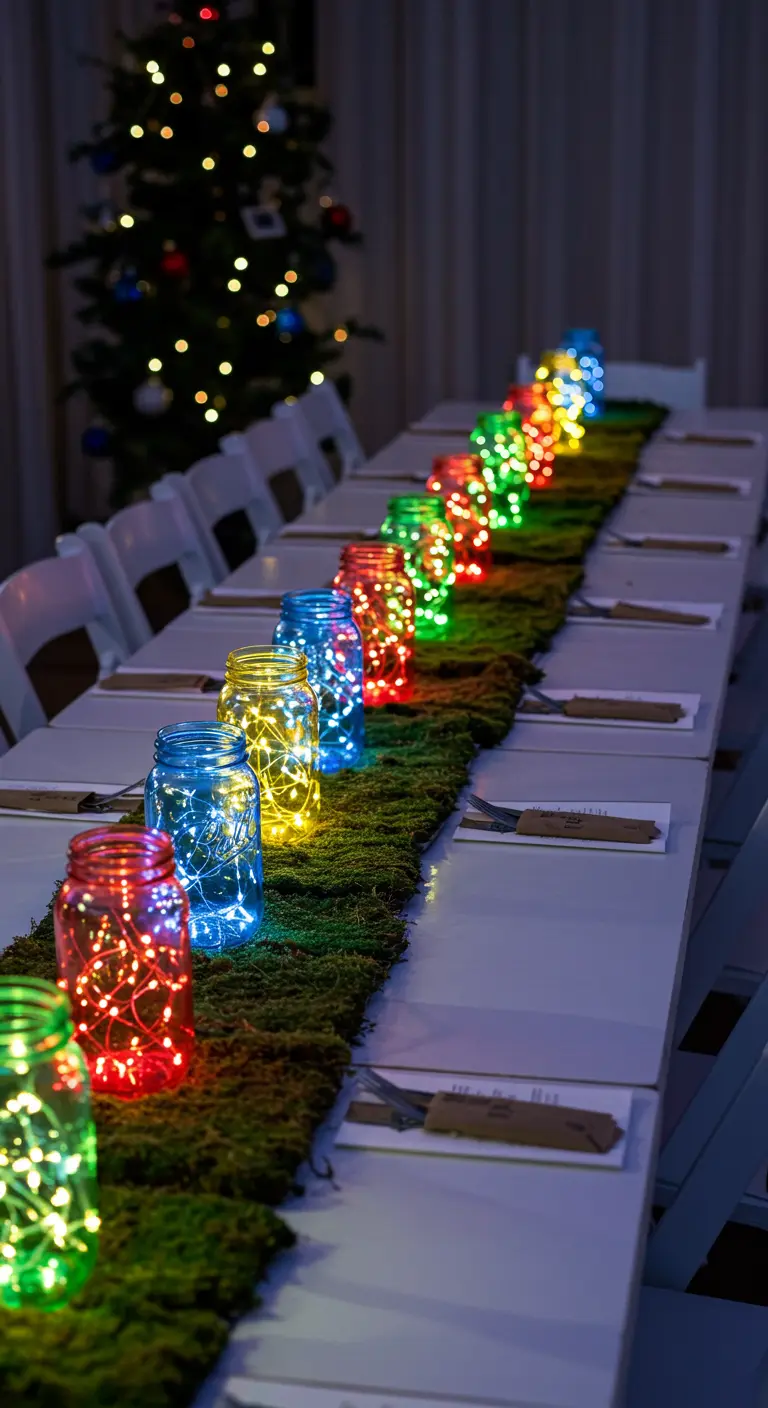 A row of mason jars with rainbow-colored fairy lights on a moss runner.