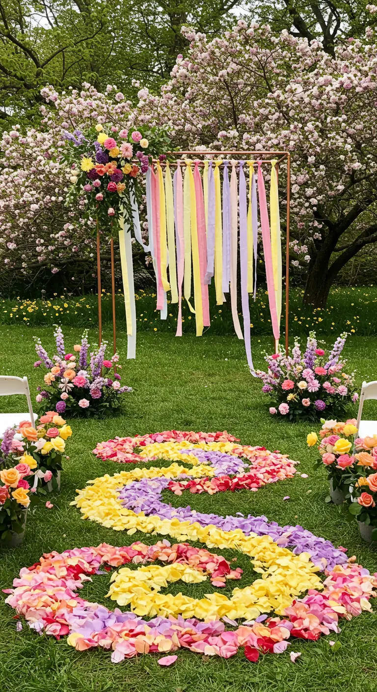 Wedding arch decorated with colorful hanging ribbons and a multi-colored petal aisle.