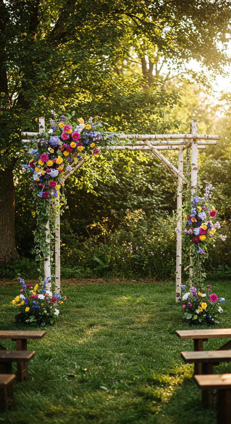 A rustic birch wedding arch adorned with vibrant, colorful wildflowers in a sunlit garden.