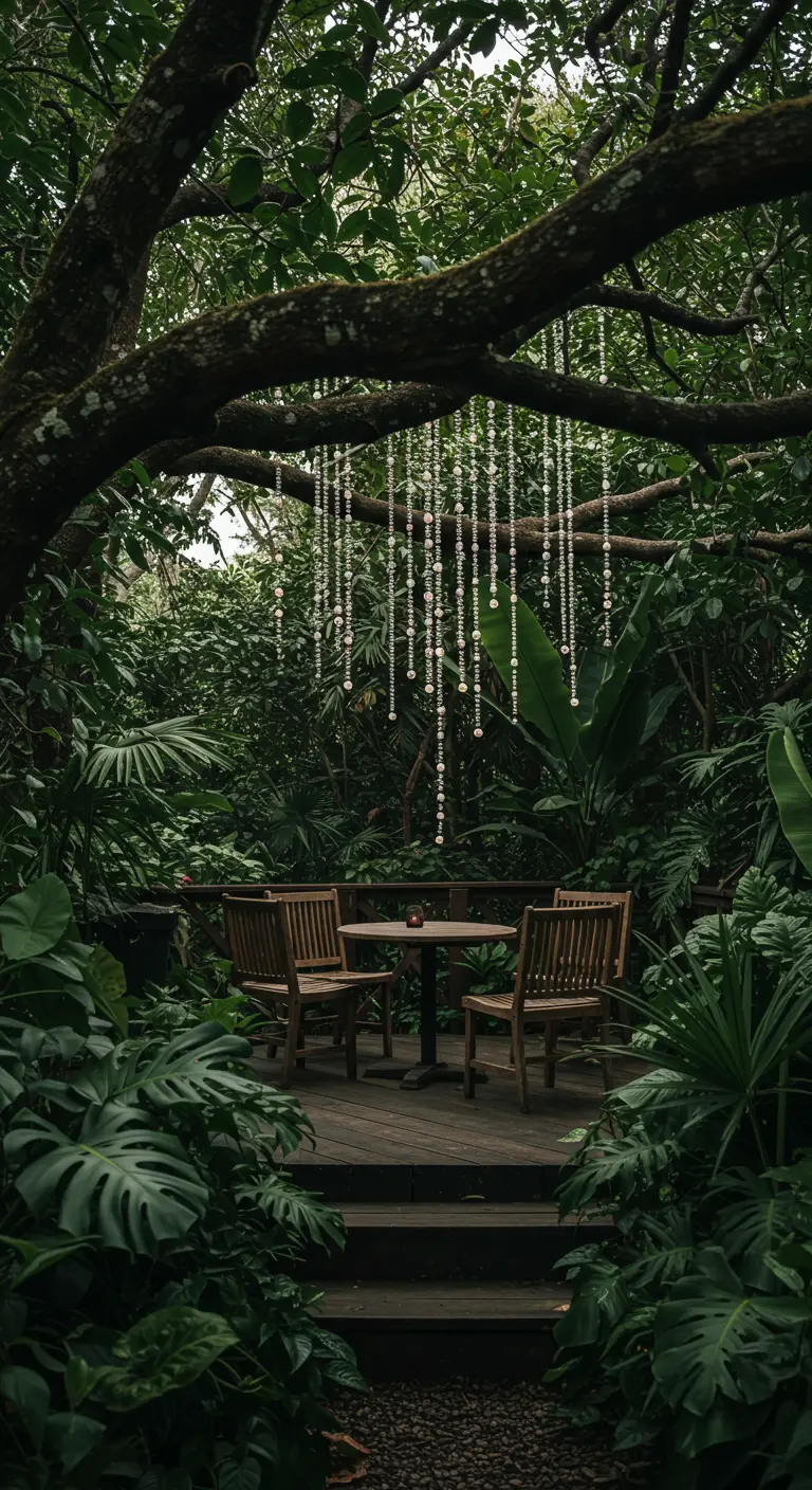 A wooden deck in a lush jungle with a bistro set under cascading crystal string lights.