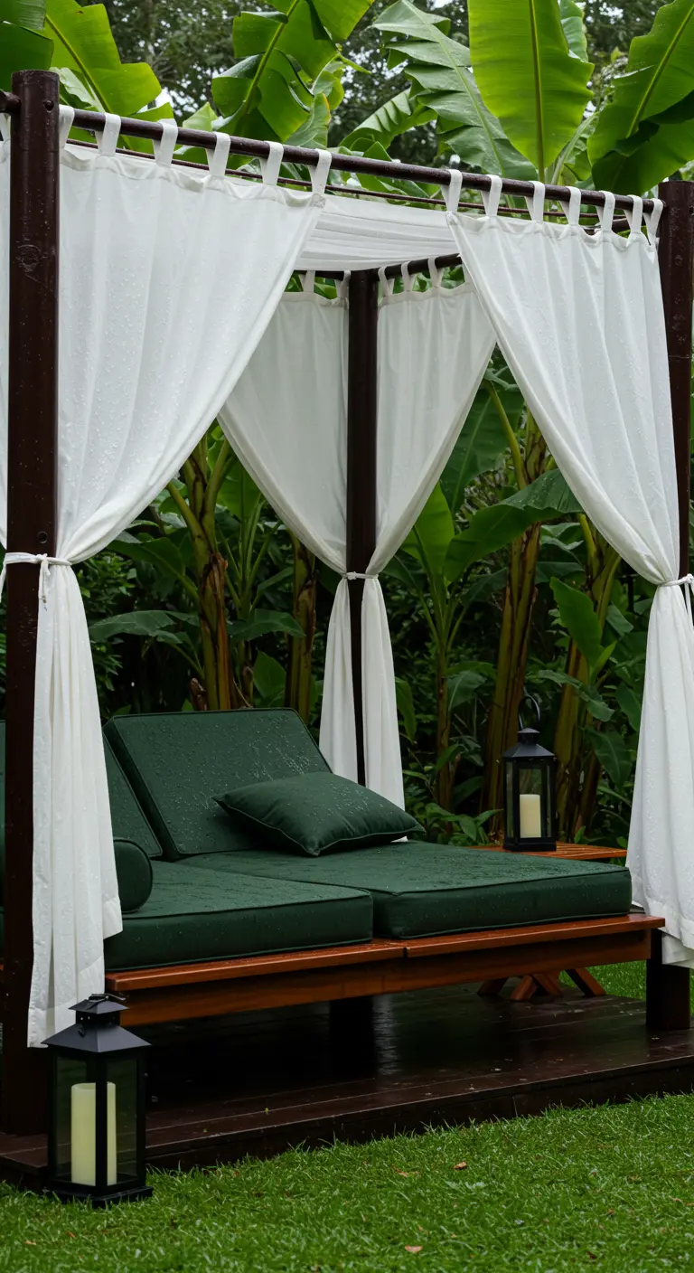 Dark teak daybed with deep green cushions and white drapes in a lush, rainy garden.
