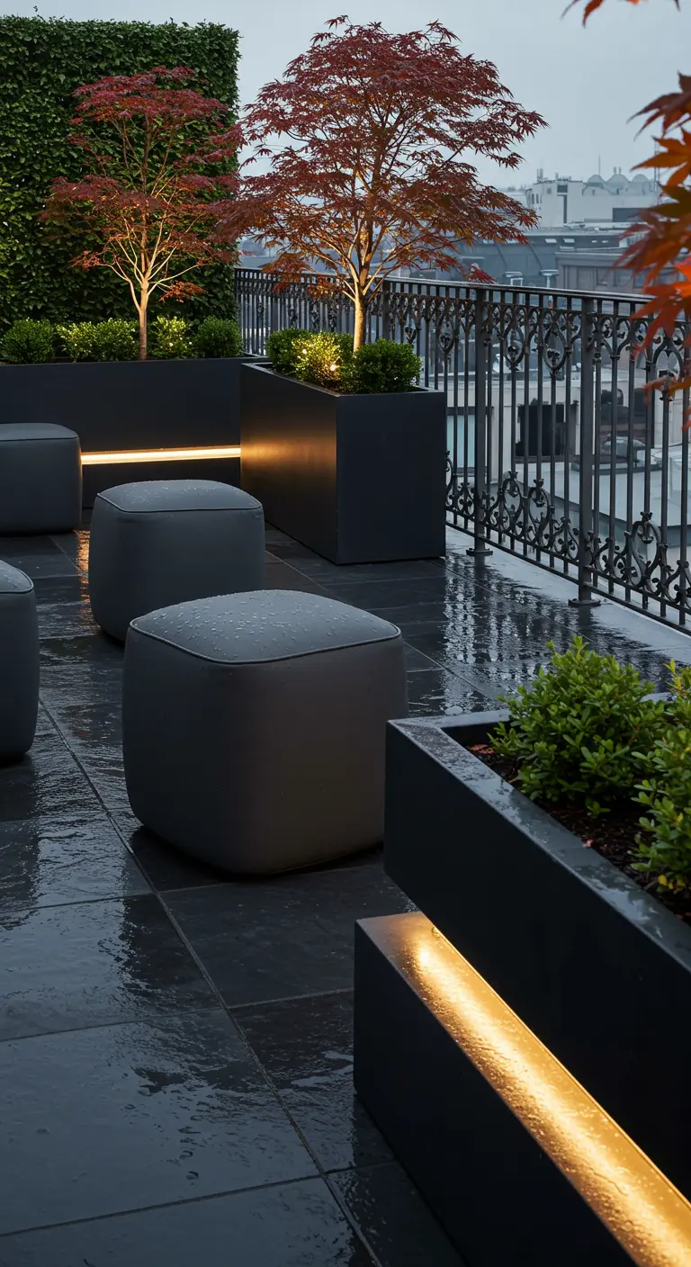 Rainy rooftop with Japanese maples in dark planters with low lighting and grey poufs.