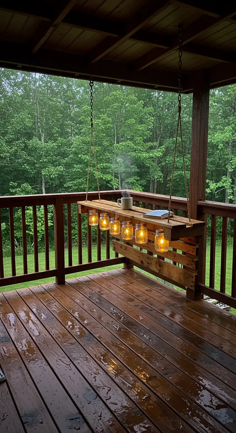 A pallet bar with glowing Mason jars hangs on a covered porch on a rainy day, with a mug on top.