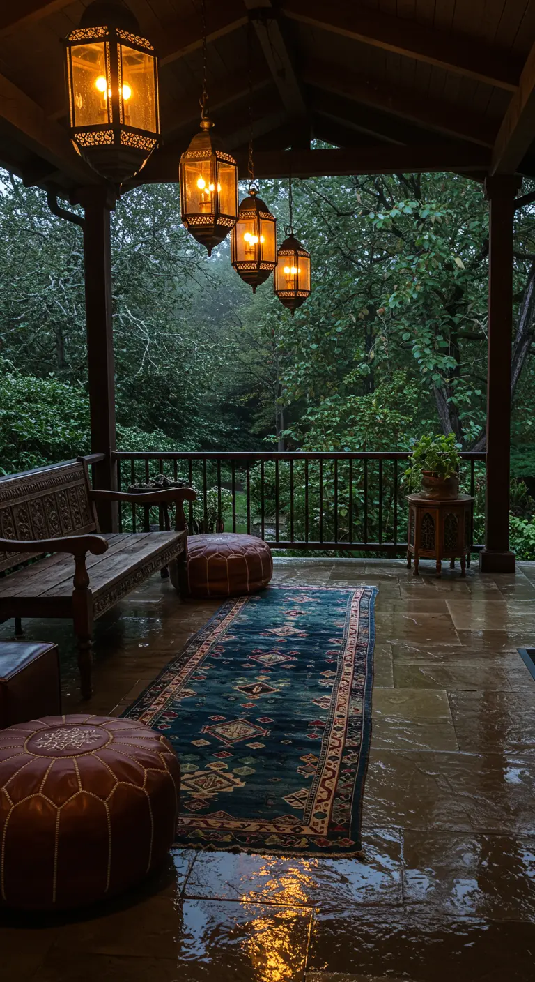 Covered wooden porch with hanging lanterns, a kilim runner, and leather poufs on a rainy day.