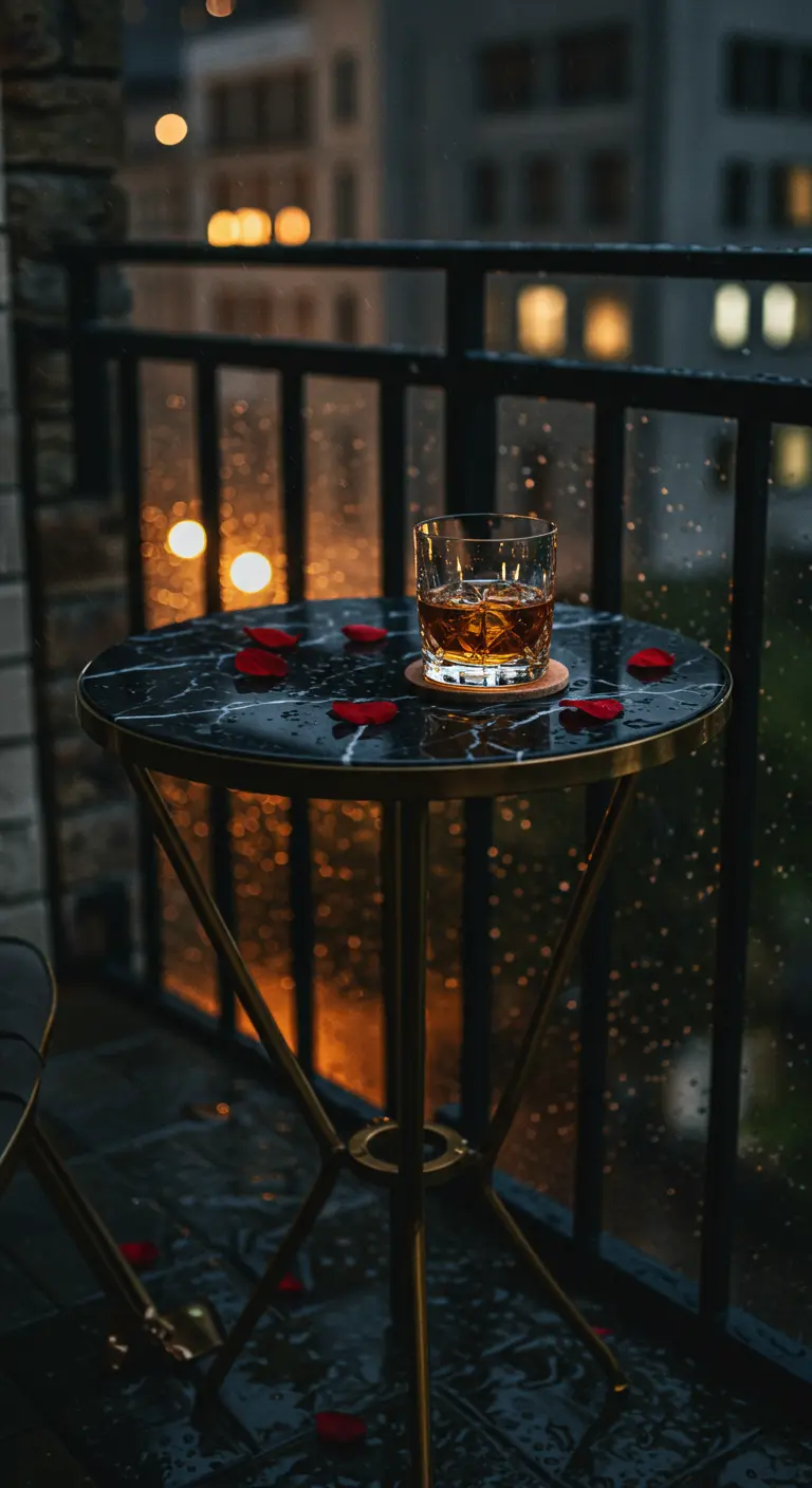 A dark marble and brass side table on a rainy balcony with a glass of whiskey.