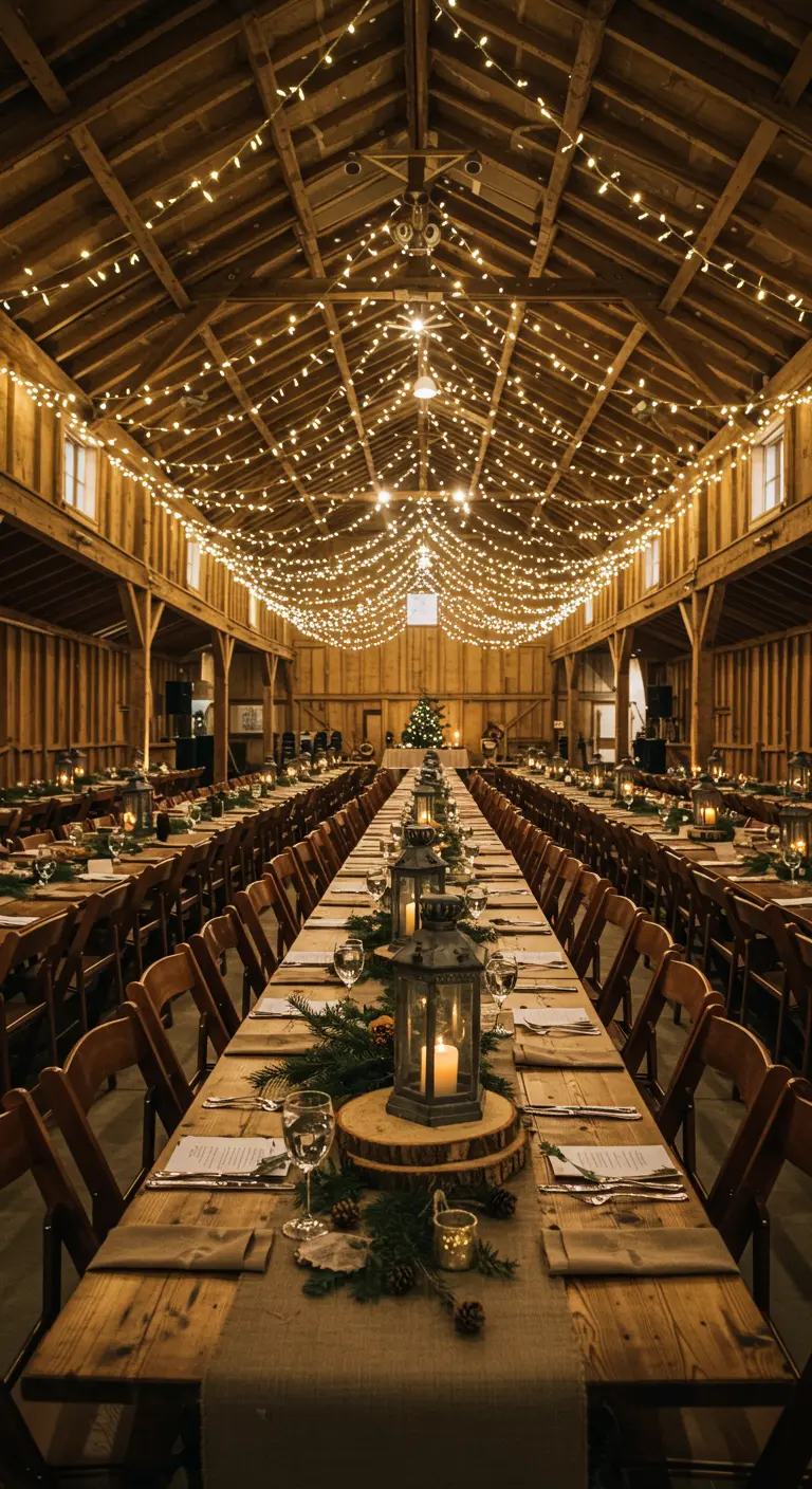Large barn decorated for a party with string lights overhead and long rustic tables.
