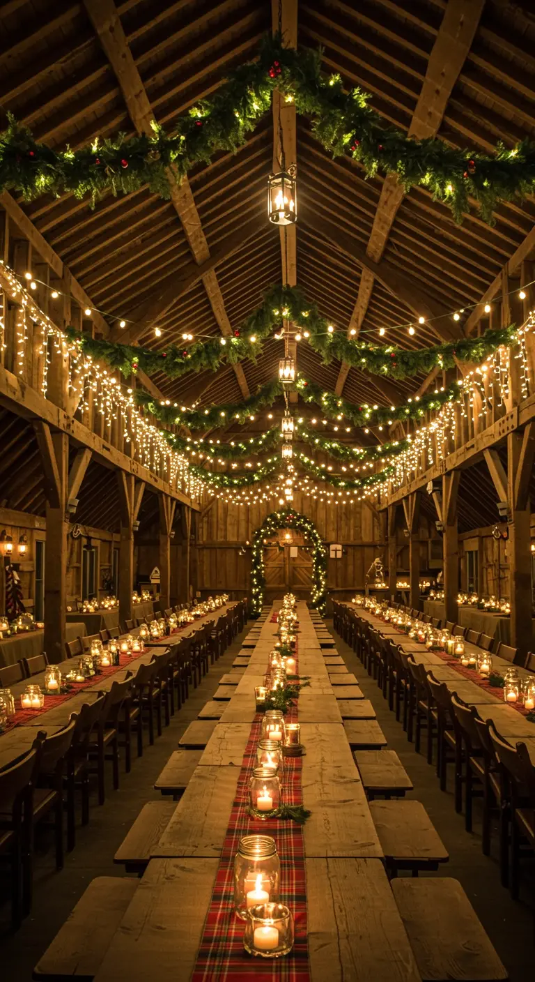 A large rustic barn with long tables, decorated with a ceiling canopy of garlands and string lights.