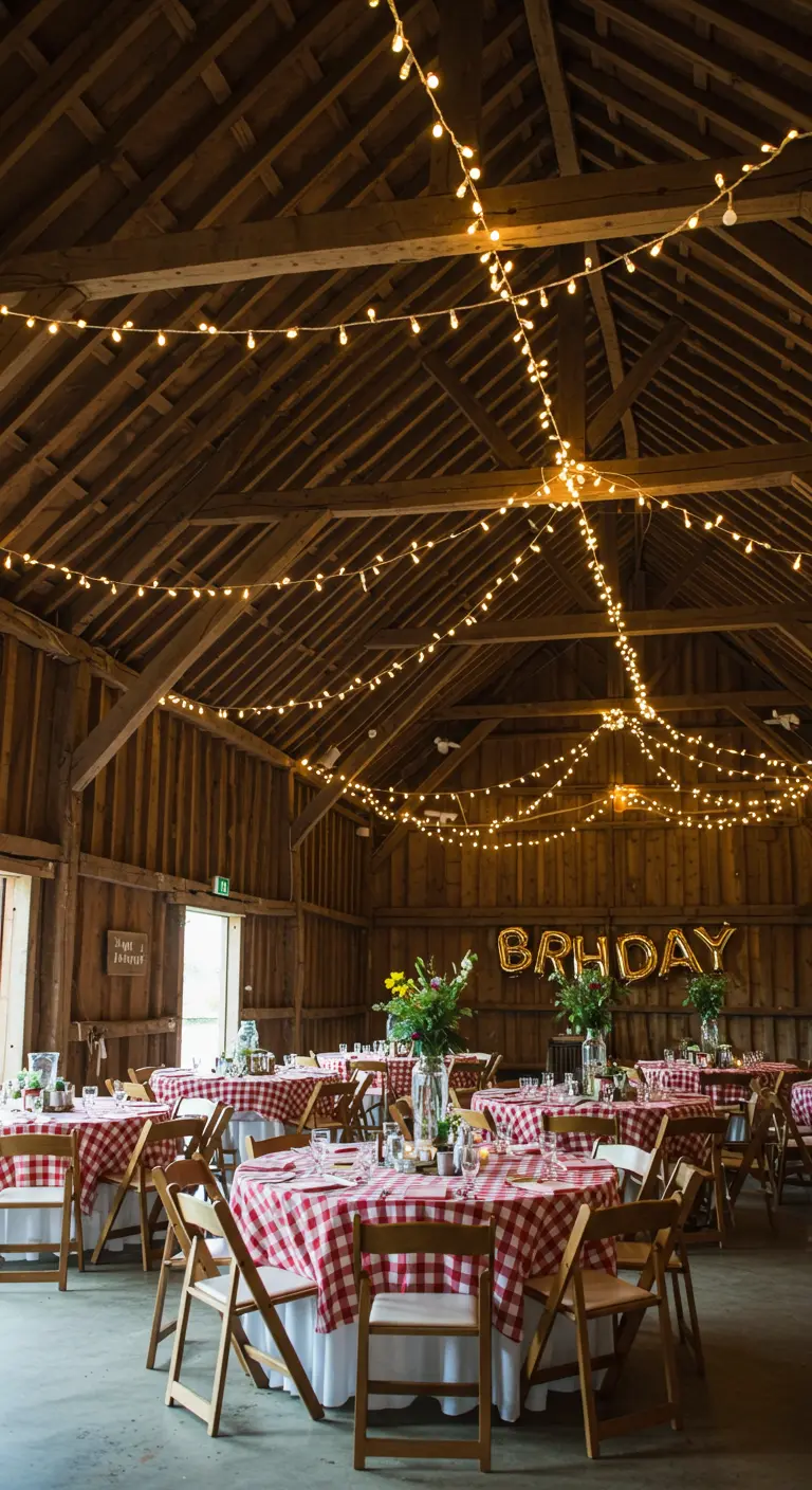 A rustic barn interior with high ceilings and string lights draped from the wooden beams.