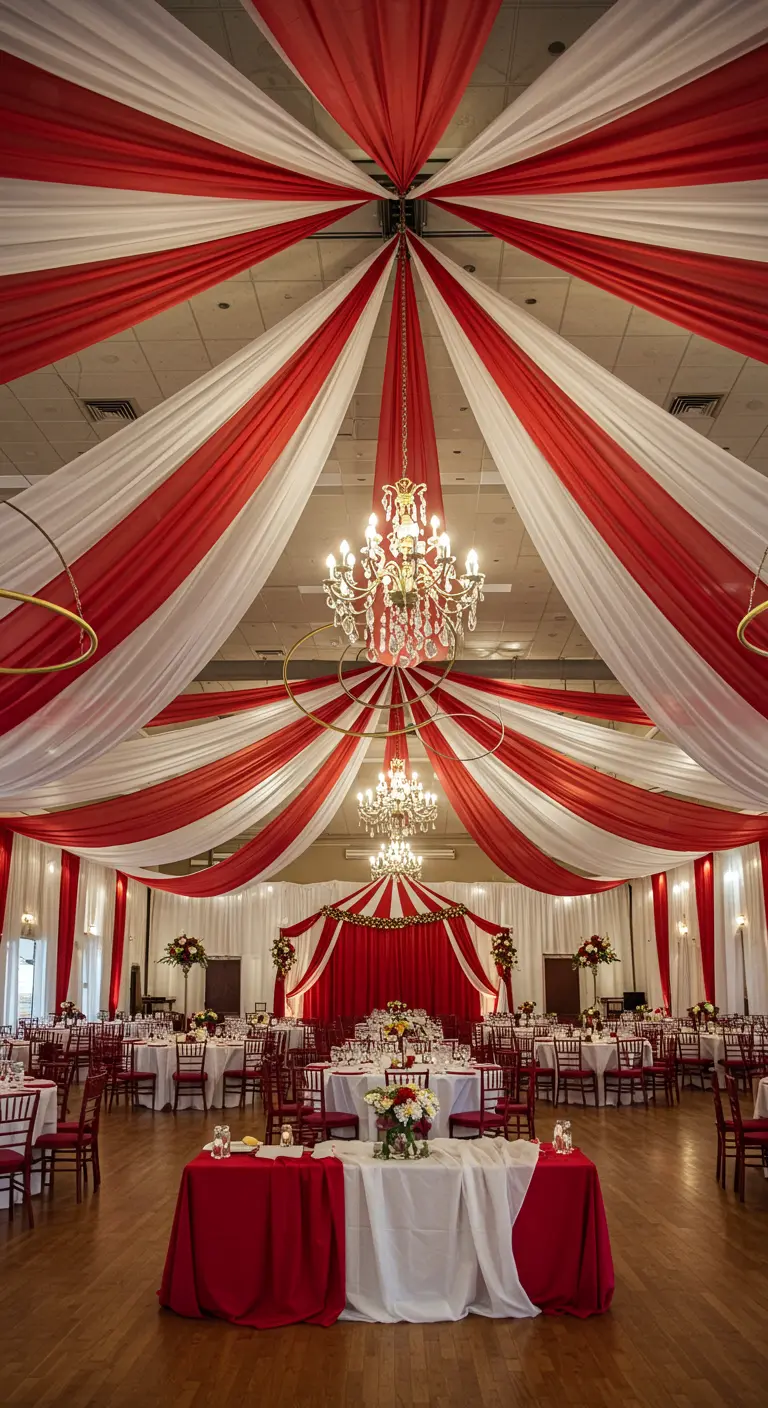 A ballroom ceiling draped in red and white fabric to look like a circus tent.