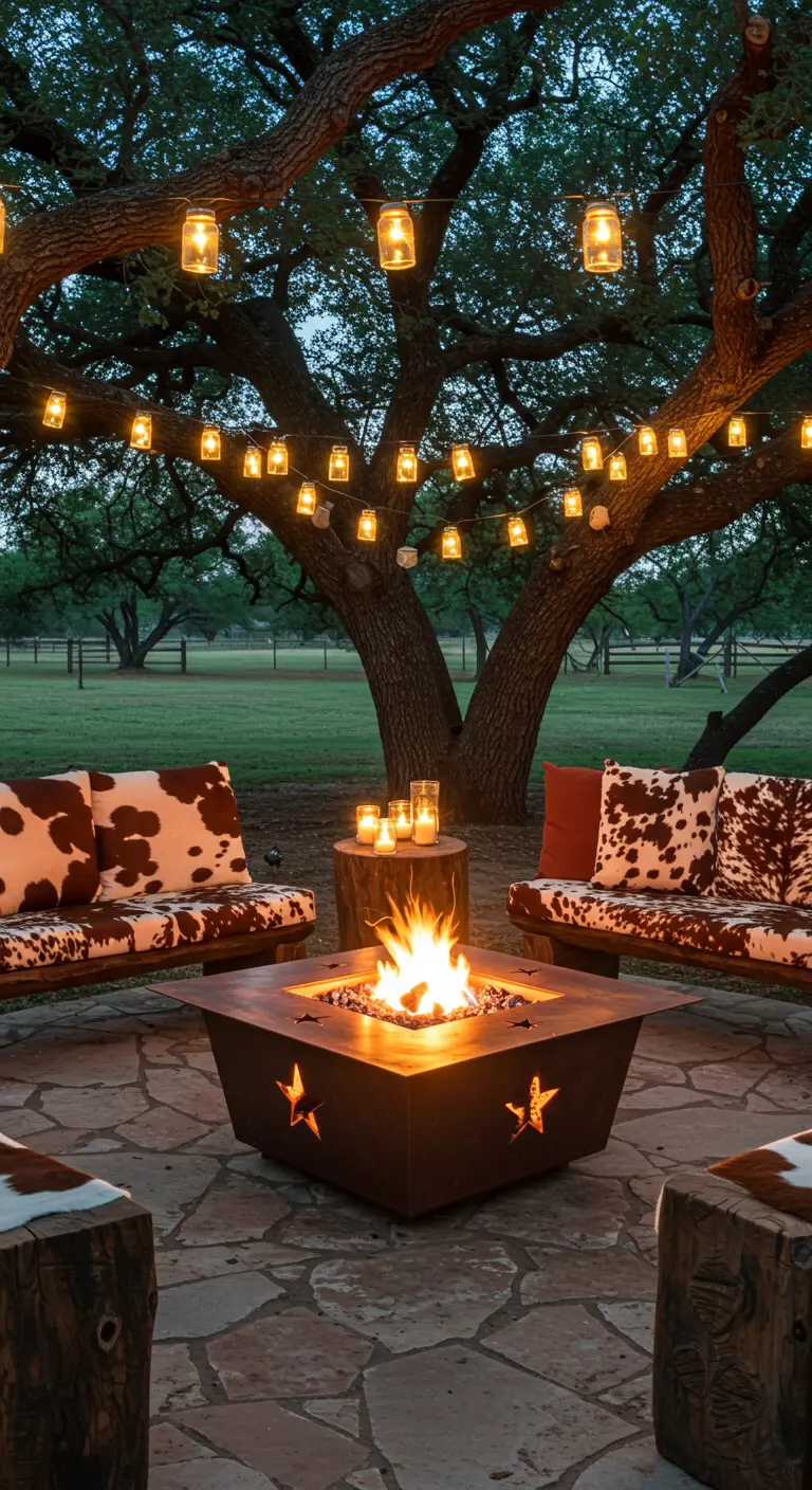 A ranch-style patio with a star-cutout fire pit, cowhide cushions, and lights in an oak tree.