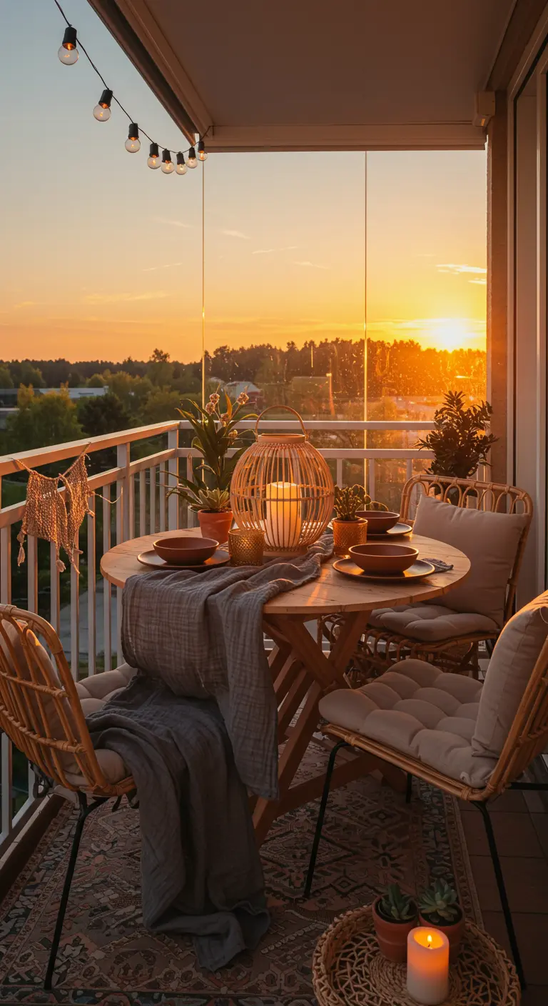 Round wooden balcony table with a large rattan lantern centerpiece at sunset.