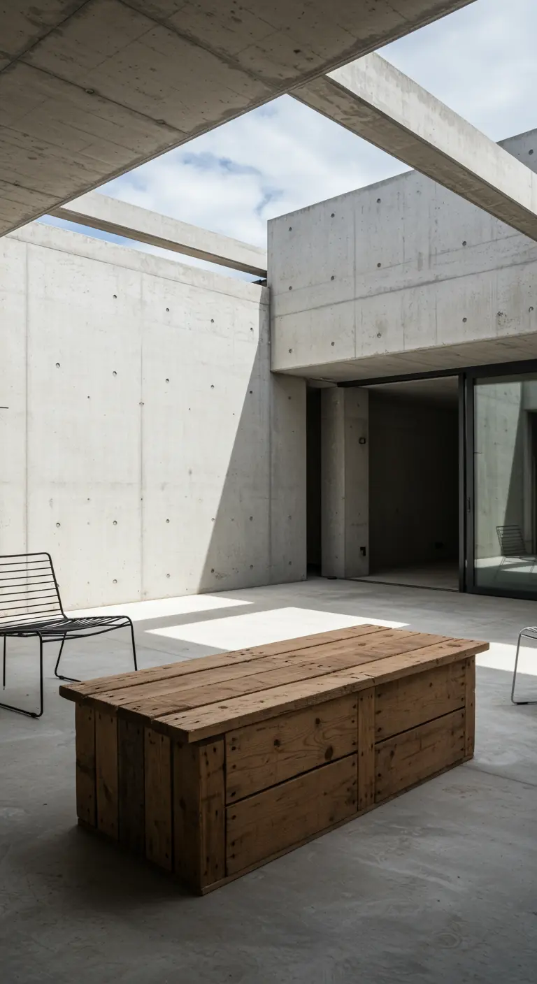 Unfinished wooden crate coffee table in a minimalist concrete courtyard.