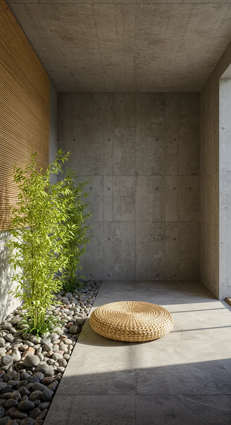 Minimalist concrete balcony with bamboo plants in a pebble bed and a round woven pouf.