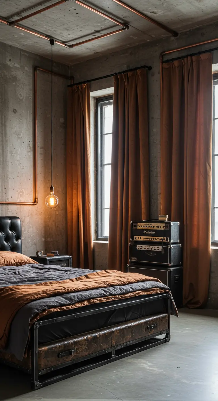 Industrial bedroom with concrete walls, exposed copper pipes, and stacked amps.