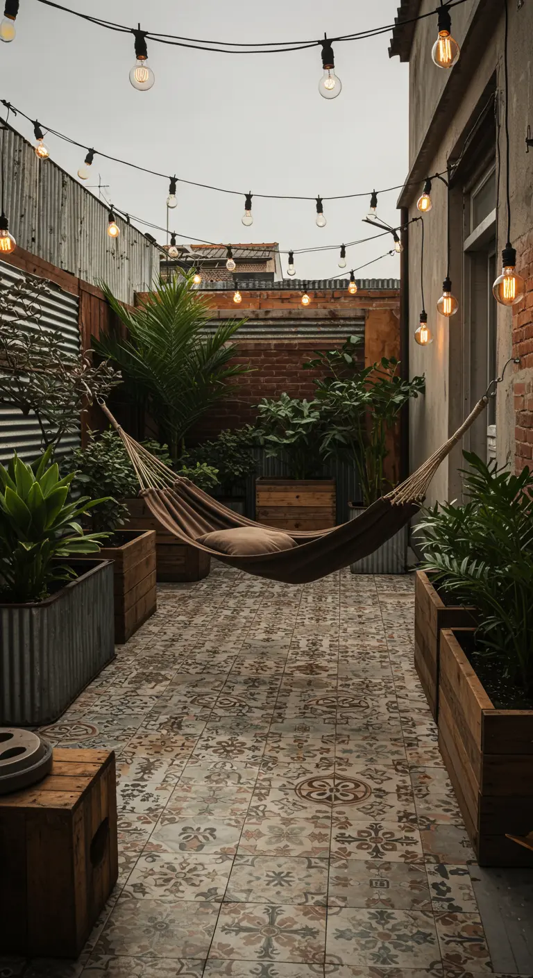 Industrial patio with corrugated metal planters, string lights, and a brown hammock.