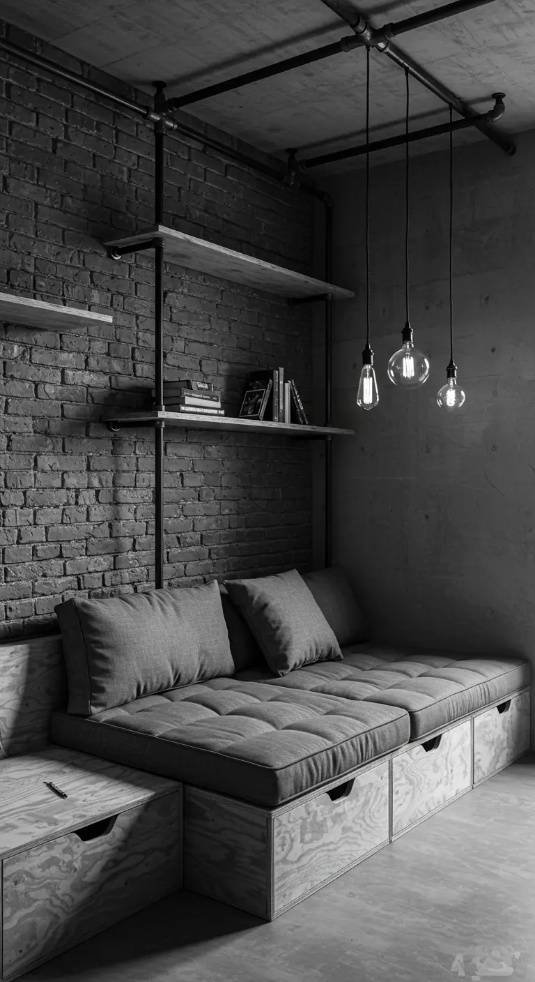 Industrial living room with a plywood sofa base and exposed brick wall.