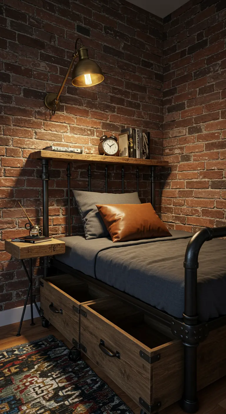 Industrial bedroom with brick wall, pipe shelving headboard, and wood drawers on wheels.