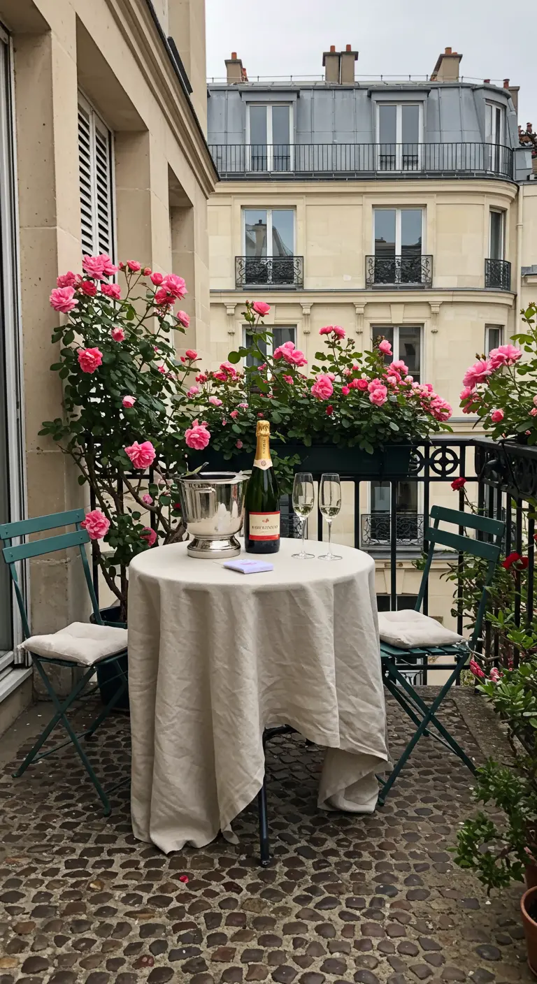 A bistro table set with a linen cloth and a bottle of champagne, surrounded by pink roses.