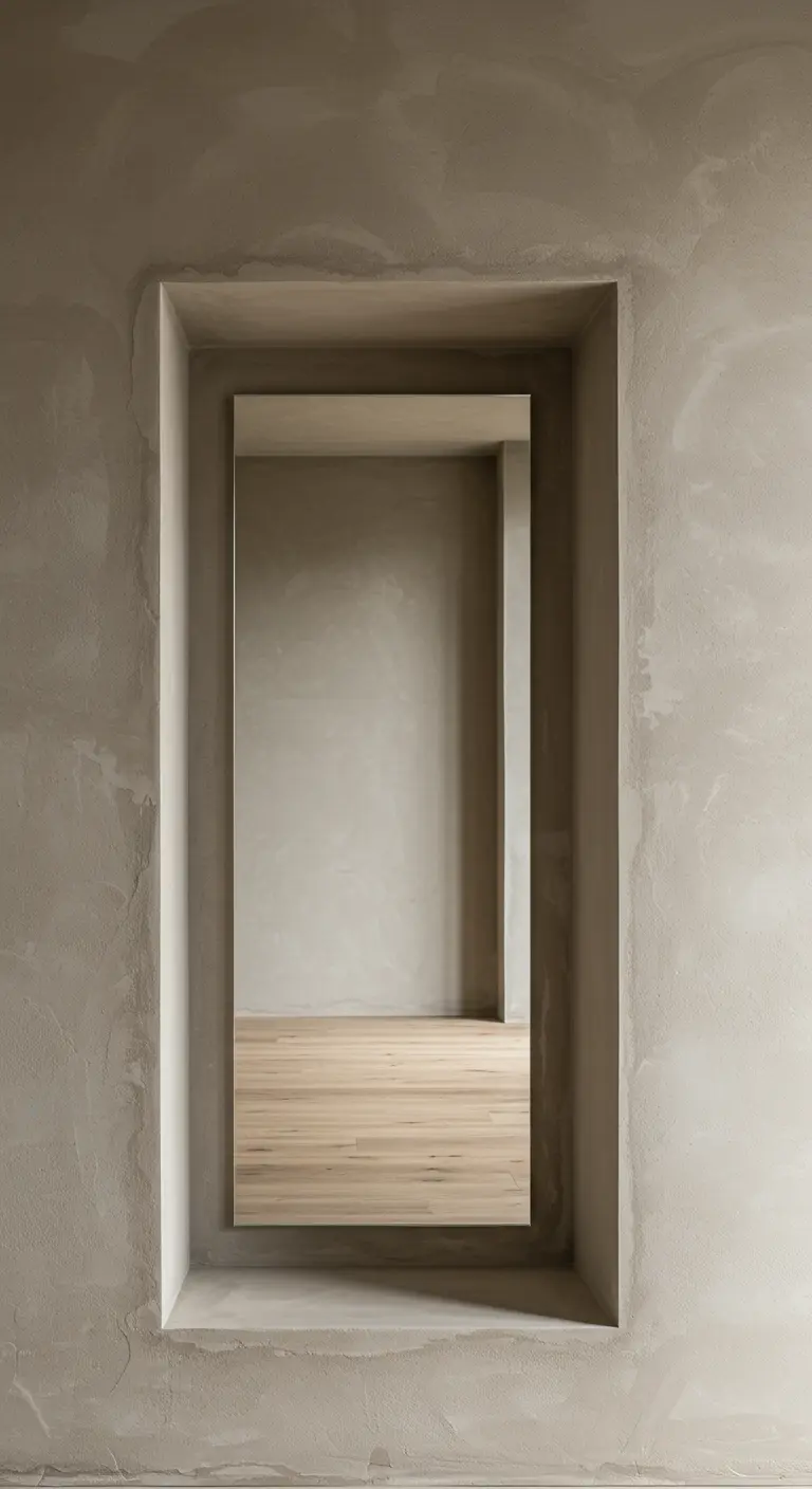 A frameless mirror set deep within a recessed niche in a textured plaster wall.