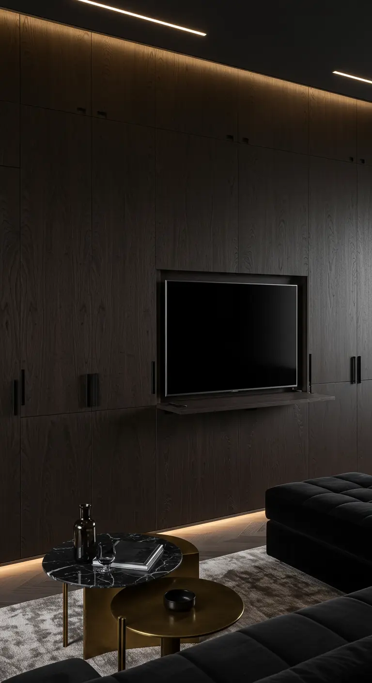 A dark wood media wall with floor-to-ceiling cabinets and a perfectly recessed TV.