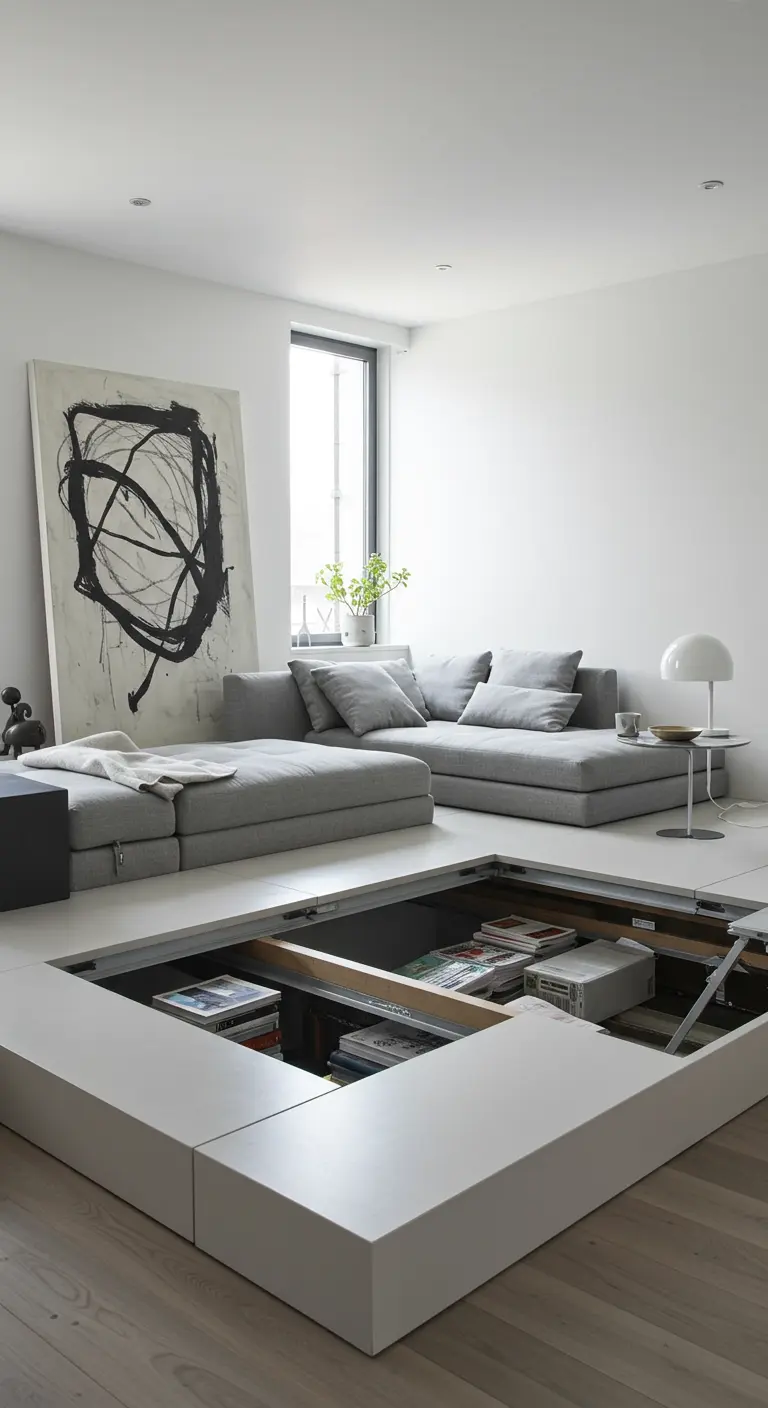 A white living room where the floor panels lift up to reveal extensive hidden storage.