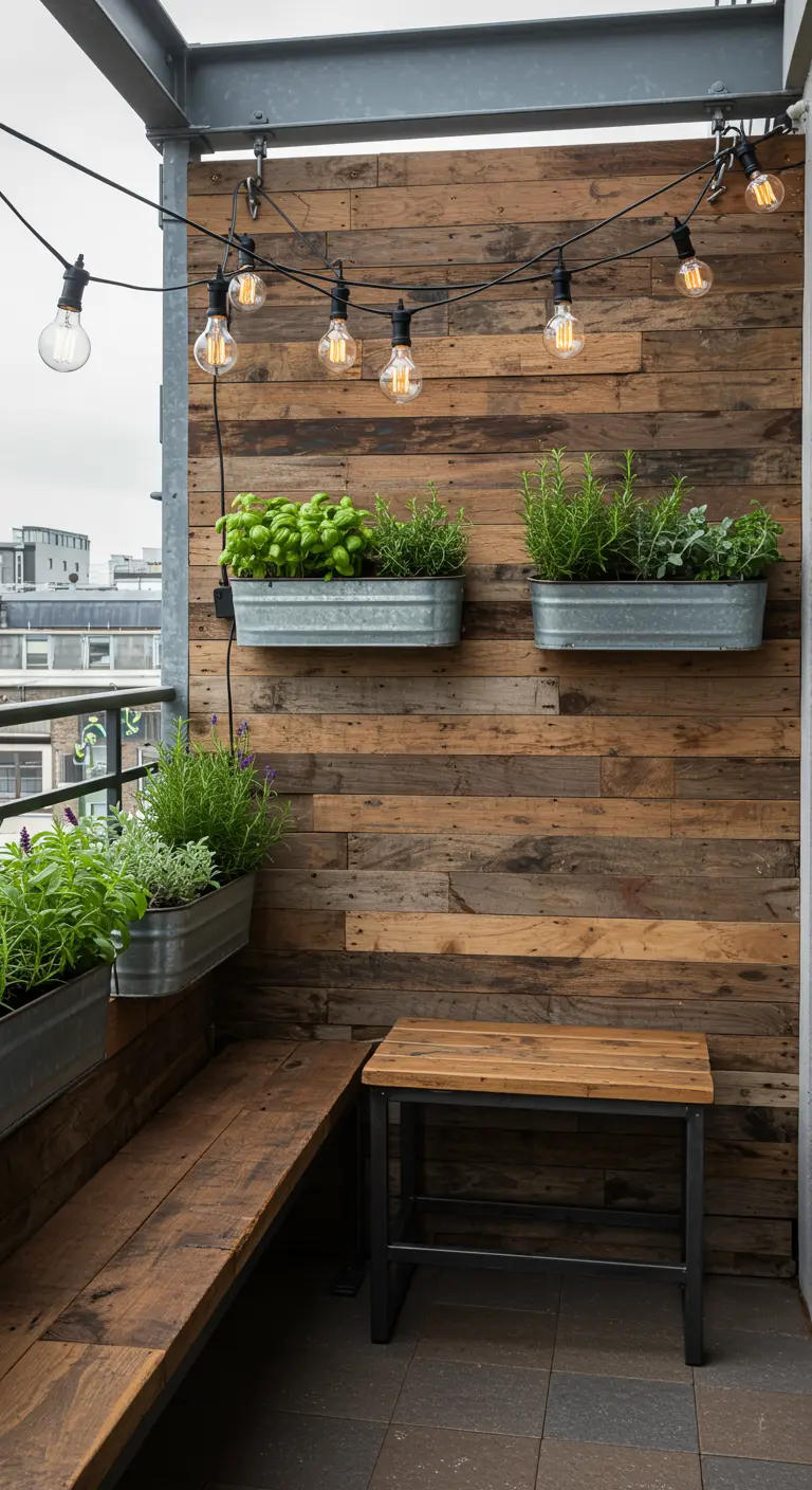 A reclaimed wood wall on a balcony decorated with herb planters and string lights.