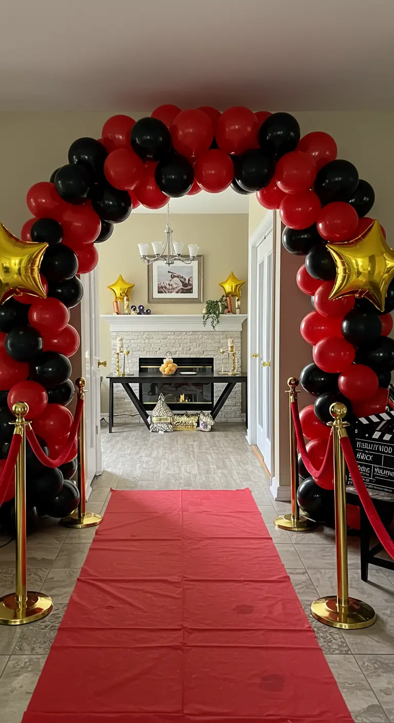 A red and black balloon arch creates an entrance over a red carpet runner in a hallway.
