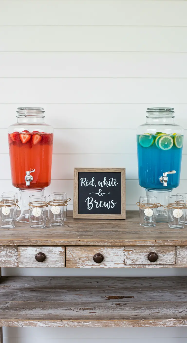 Two drink dispensers, one with a red drink and one with a blue drink, on a rustic wooden table.