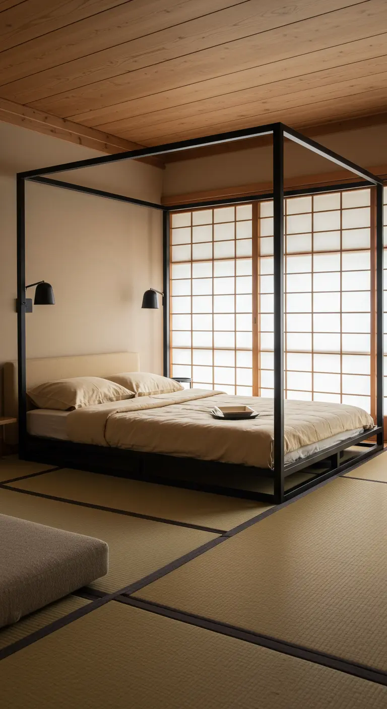Minimalist bedroom with a black metal four-poster bed frame and shoji screen background.