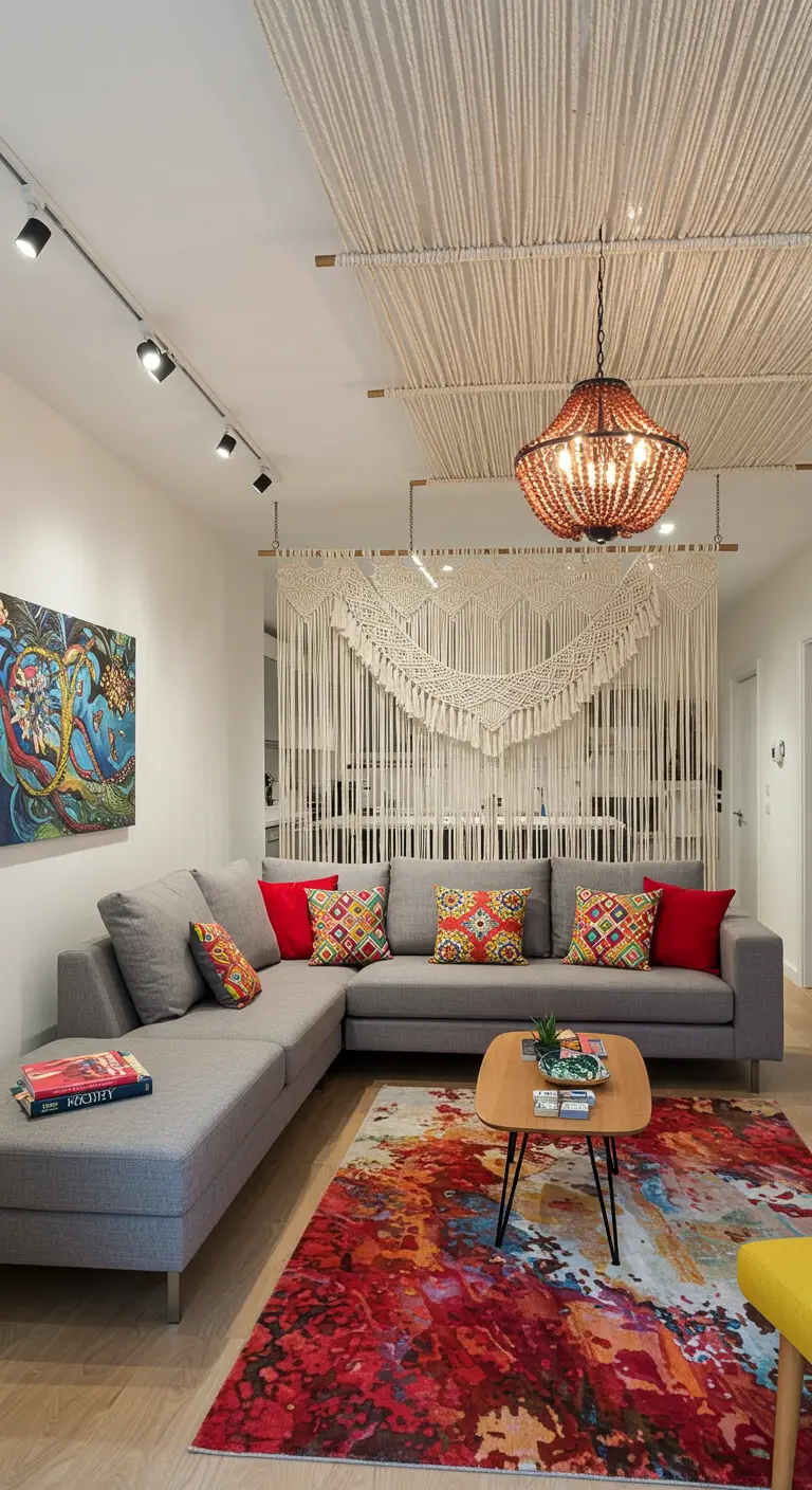 Modern living room with a large macramé installation on the ceiling and hanging as a divider.