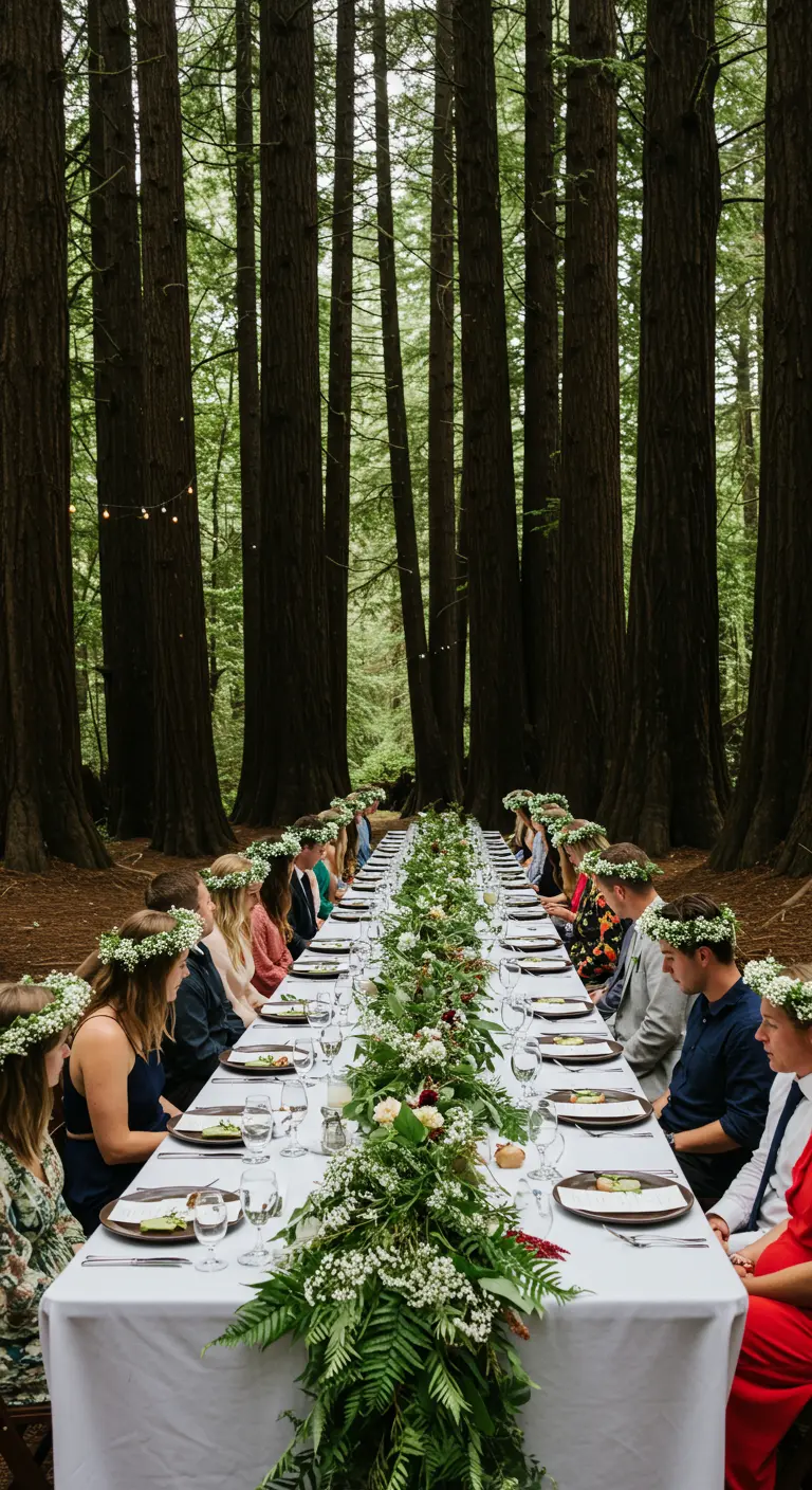 Wedding reception table set between giant redwood trees with baby's breath decor.