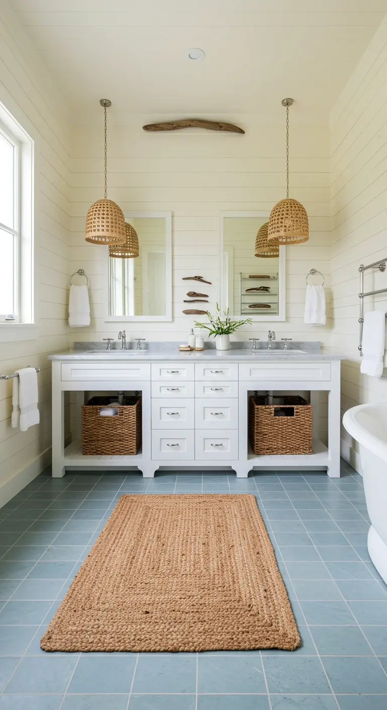 Classic coastal bathroom with shiplap walls and twin rattan pendants.