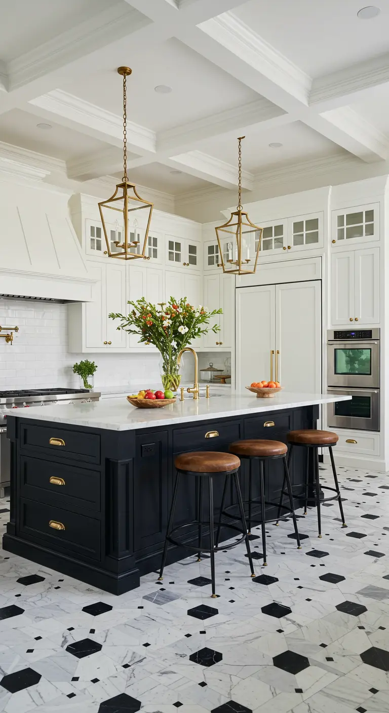 Elegant kitchen with a black island, white cabinets, and coffered ceilings.