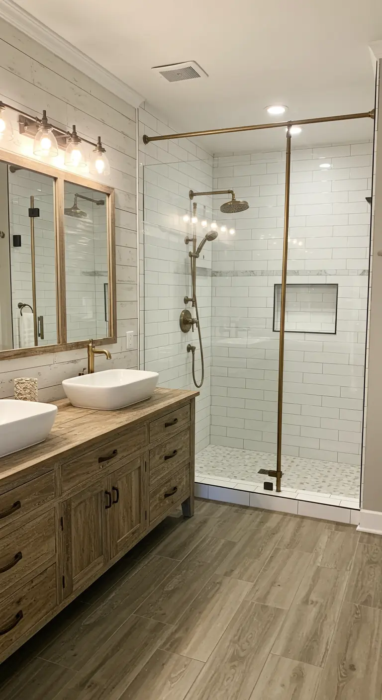 Farmhouse bathroom with a rustic wood vanity, vessel sinks, and a white subway tile shower.
