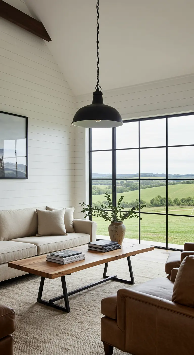 Modern farmhouse living room with shiplap walls, a black pendant light, and a live-edge table on a metal base.