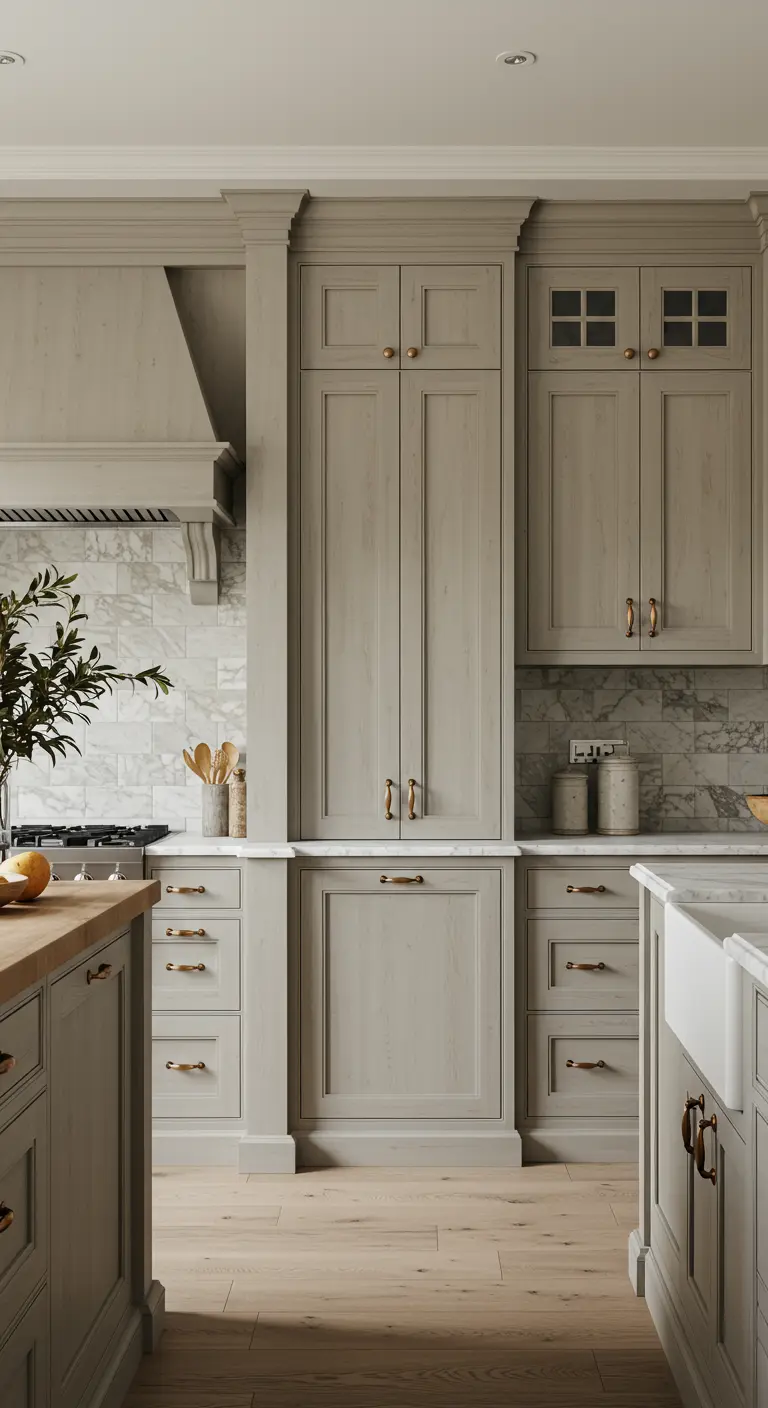 Warm greige kitchen with traditional cabinetry and marble countertops.