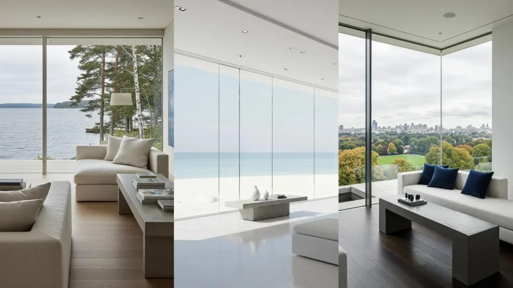 Refined contemporary living rooms showcasing oversized glass panels and sleek concrete console tables.