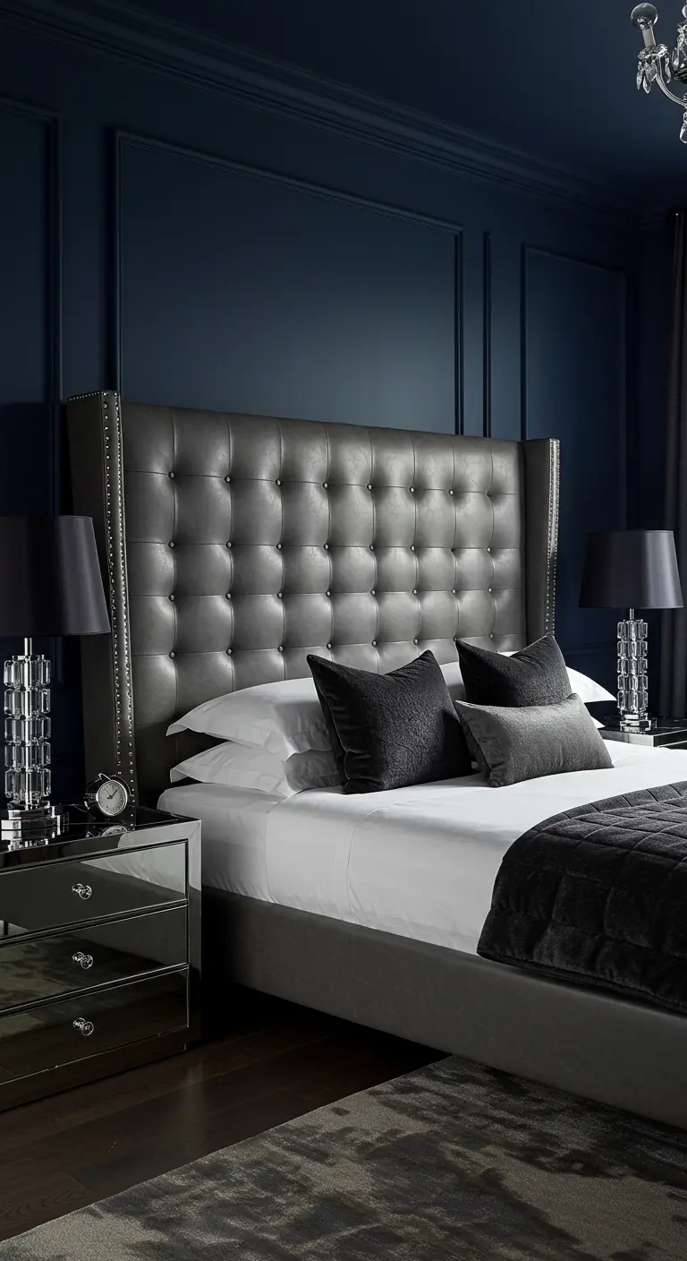 Dark bedroom with a gray leather wingback bed and mirrored nightstands.