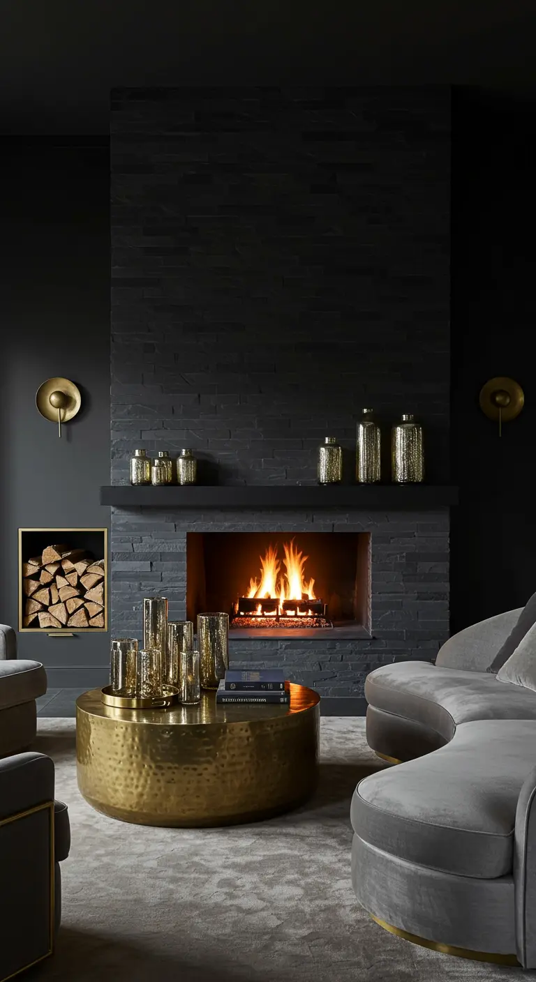 Living room with a dark stacked stone fireplace and a large, round hammered brass coffee table.