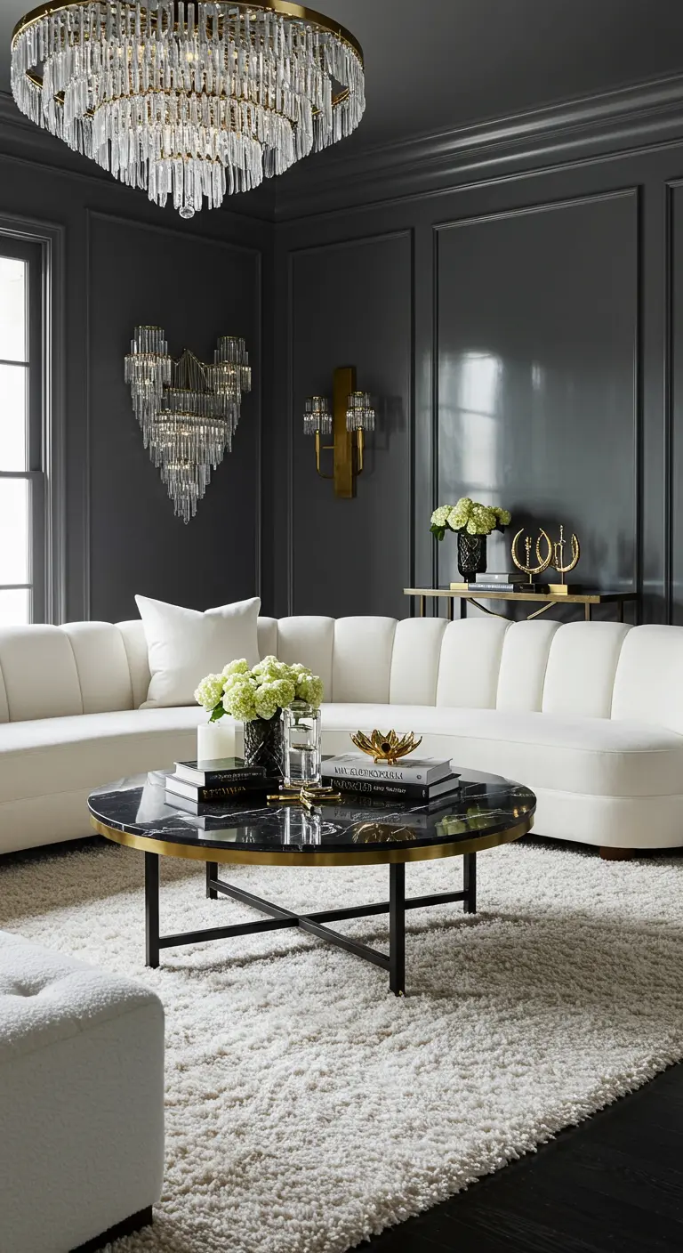 Glamorous living room with dark gray paneled walls, a crystal chandelier, and a curved white sofa.