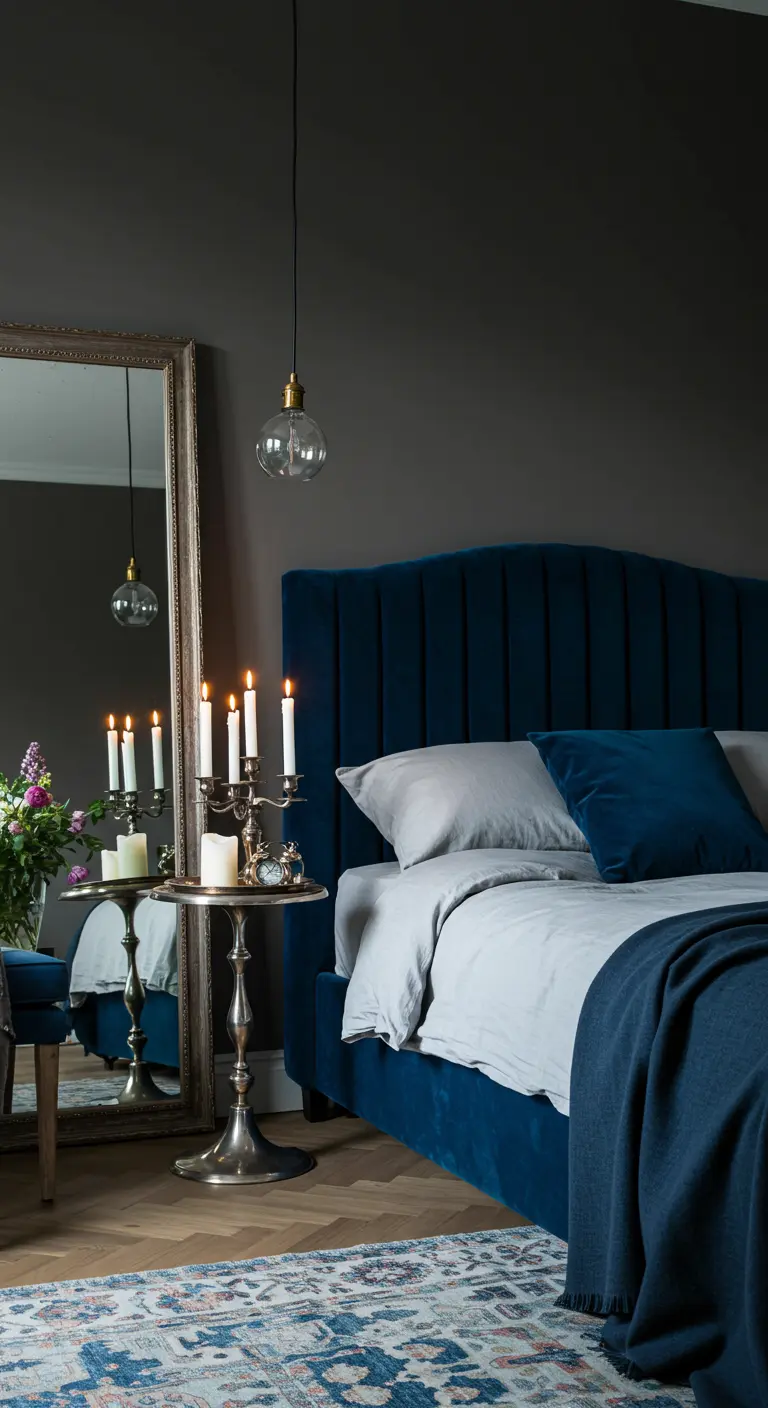 Moody bedroom with charcoal walls, a blue velvet bed, and a large leaning mirror reflecting candlelight.