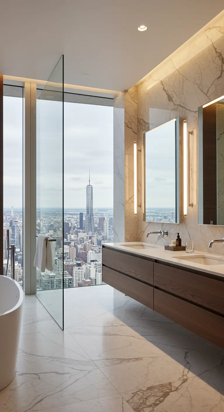 Luxury high-rise bathroom with marble walls, a city view, and a dark wood vanity.