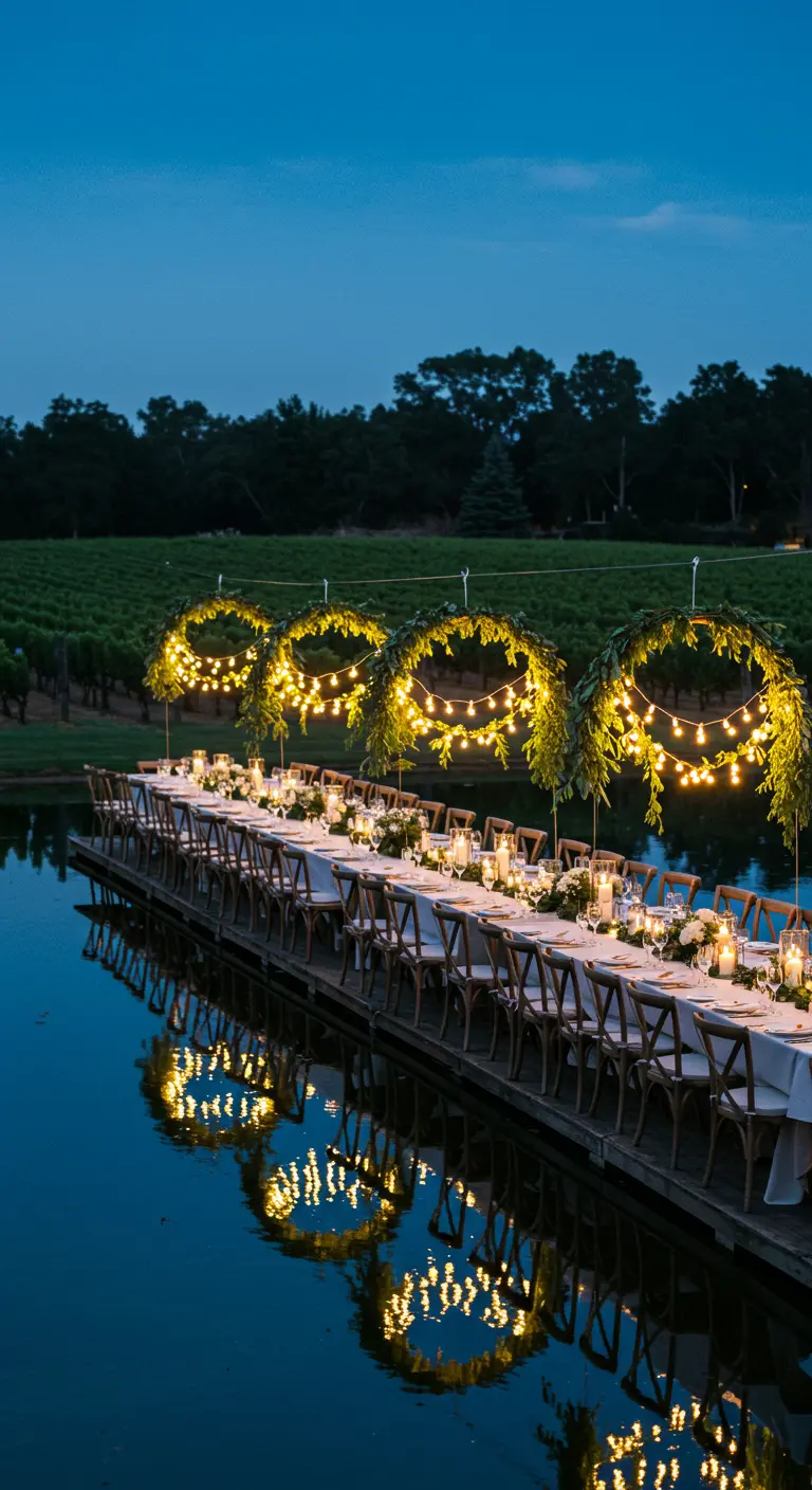 A long table on a dock with glowing greenery wreaths reflected in the water at twilight.