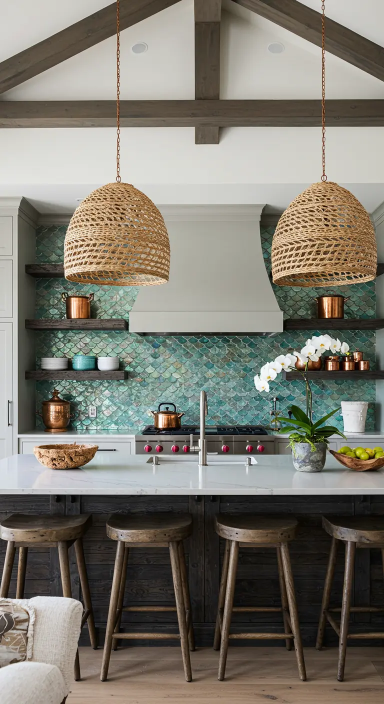 Two woven pendants flank a range hood over an island with a turquoise fish-scale tile backsplash.
