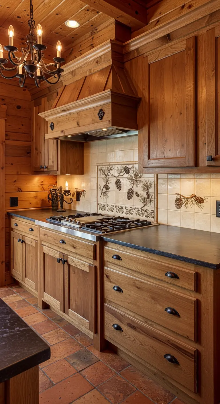 Rustic wood kitchen with a pinecone-motif tile backsplash and iron chandelier.
