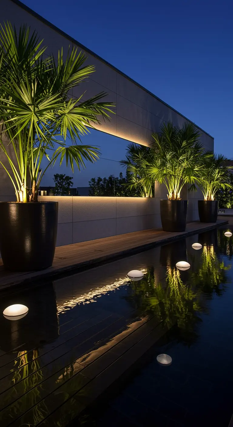 A modern patio at night with a reflecting pool, floating lights, and a long mirror.