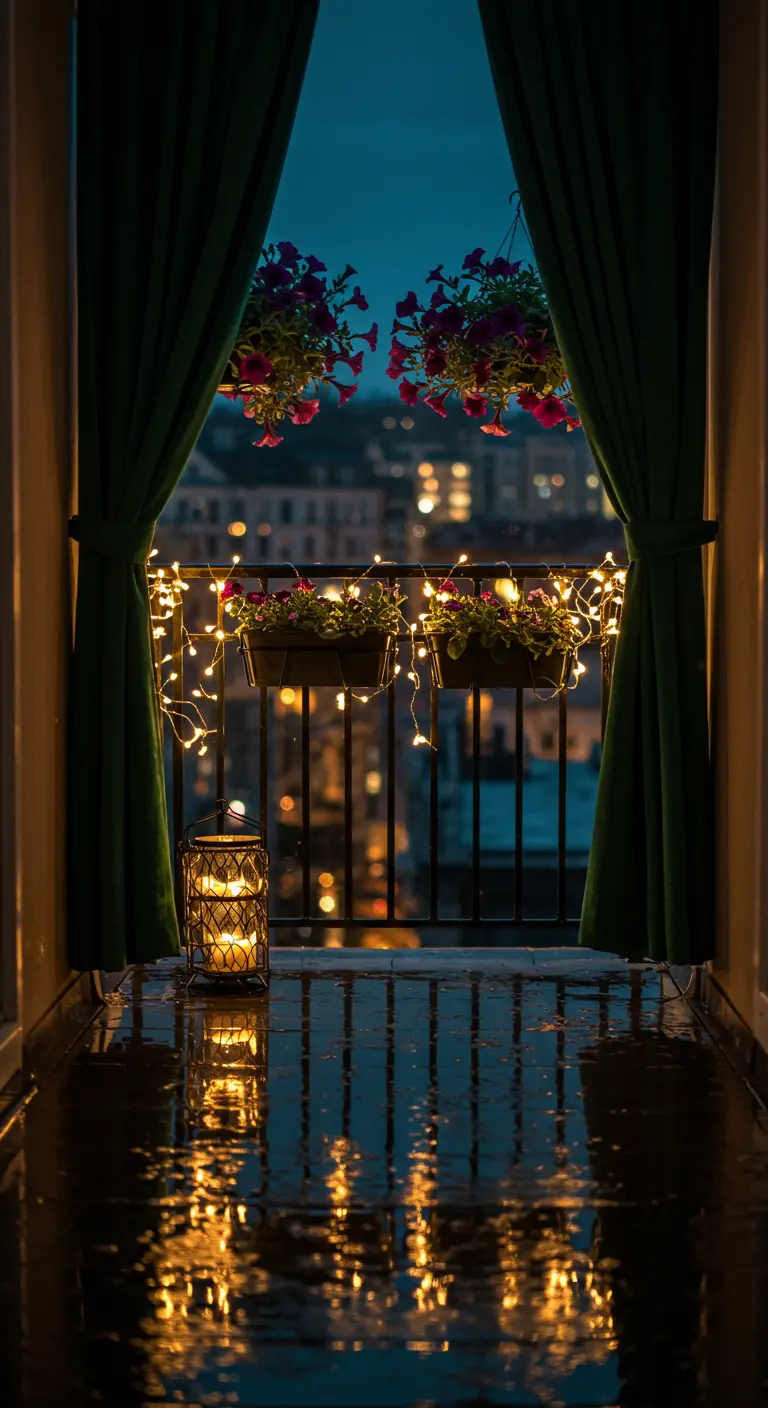 Dark balcony on a rainy night, with green drapes and lights reflecting on the wet floor.