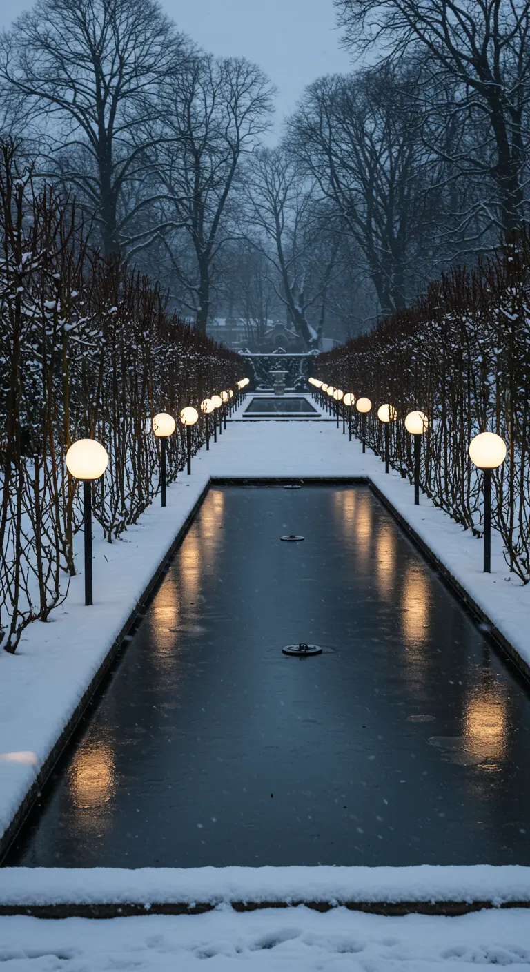 A long, frozen reflecting pool in a formal garden with symmetrical post lights.