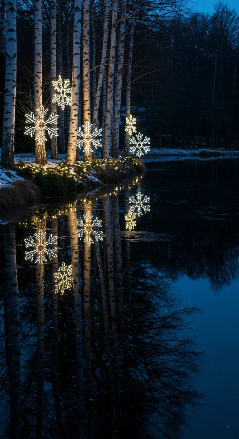 Lighted snowflakes attached to birch trees by a lake, with their reflections in the water.